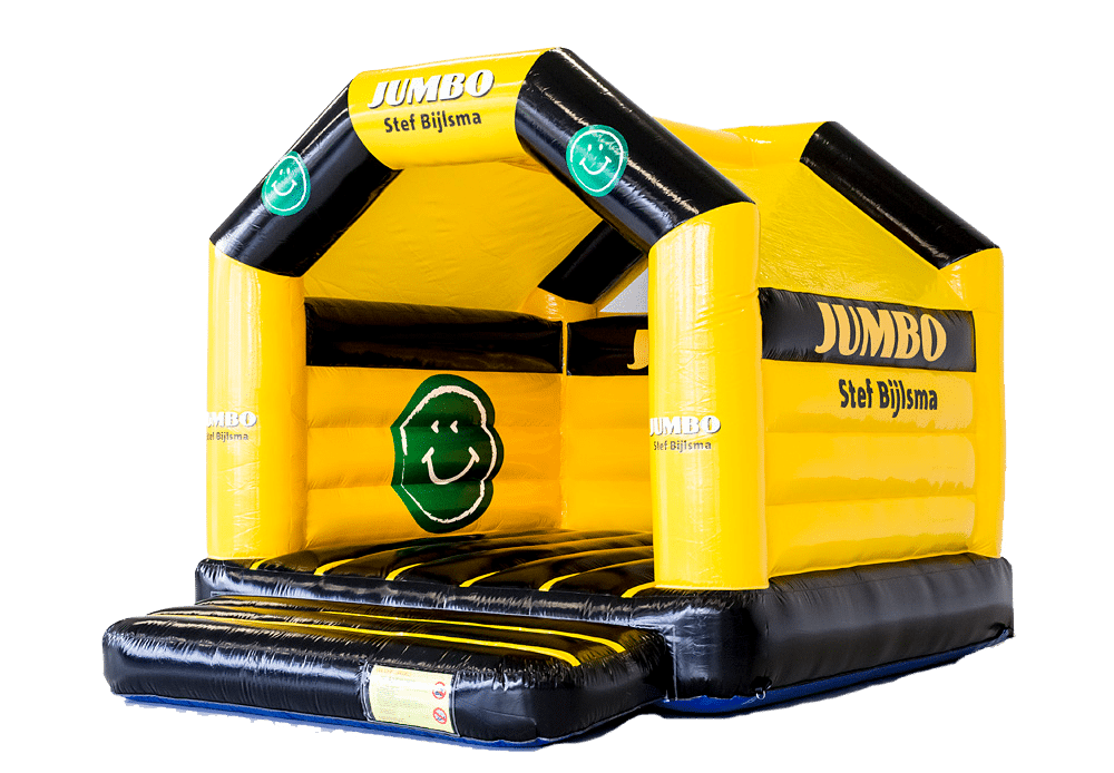 Wykonany na zamówienie Jumbo - dmuchane zamki z ramą z logo Jumbo, dostępny również ze zjeżdżalnią w kolorze czarnym i żółtym. Zamów spersonalizowany dmuchane zamki w JB Dmuchańce Polska